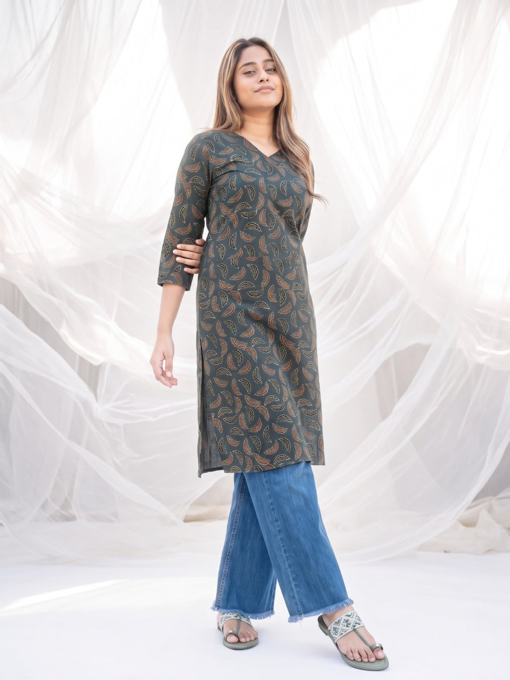 The Paruthee | Green Ajrakh Cotton Kurti The Essence