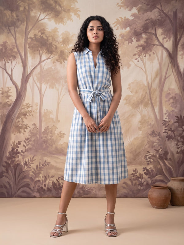 The Paruthee | Indigo-Checked Handwoven Frock