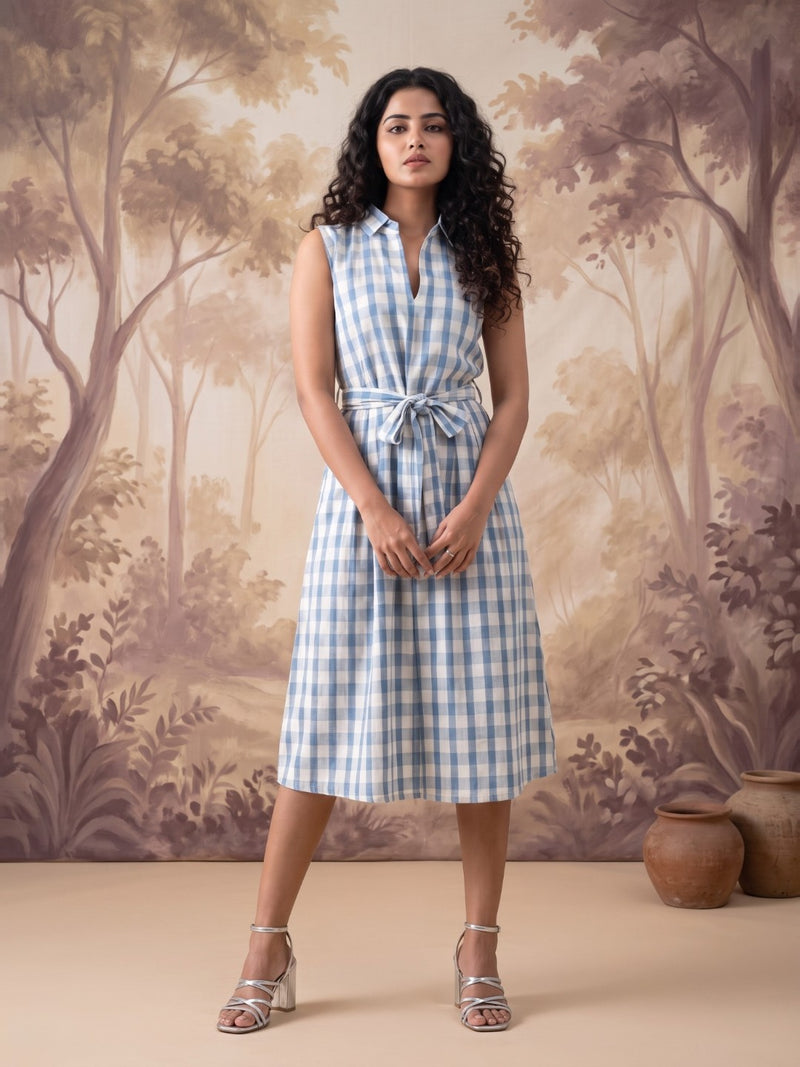 The Paruthee | Indigo-Checked Handwoven Frock