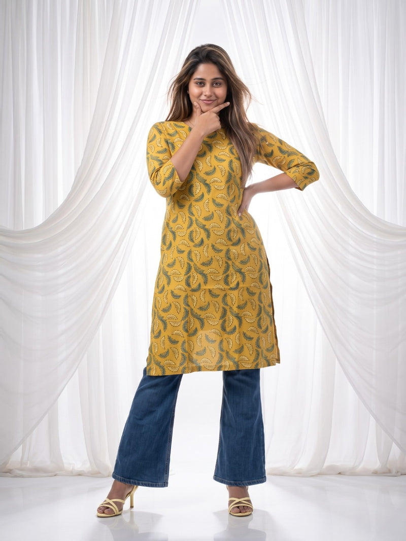 The Paruthee | Mustard Ajrakh Cotton Kurti