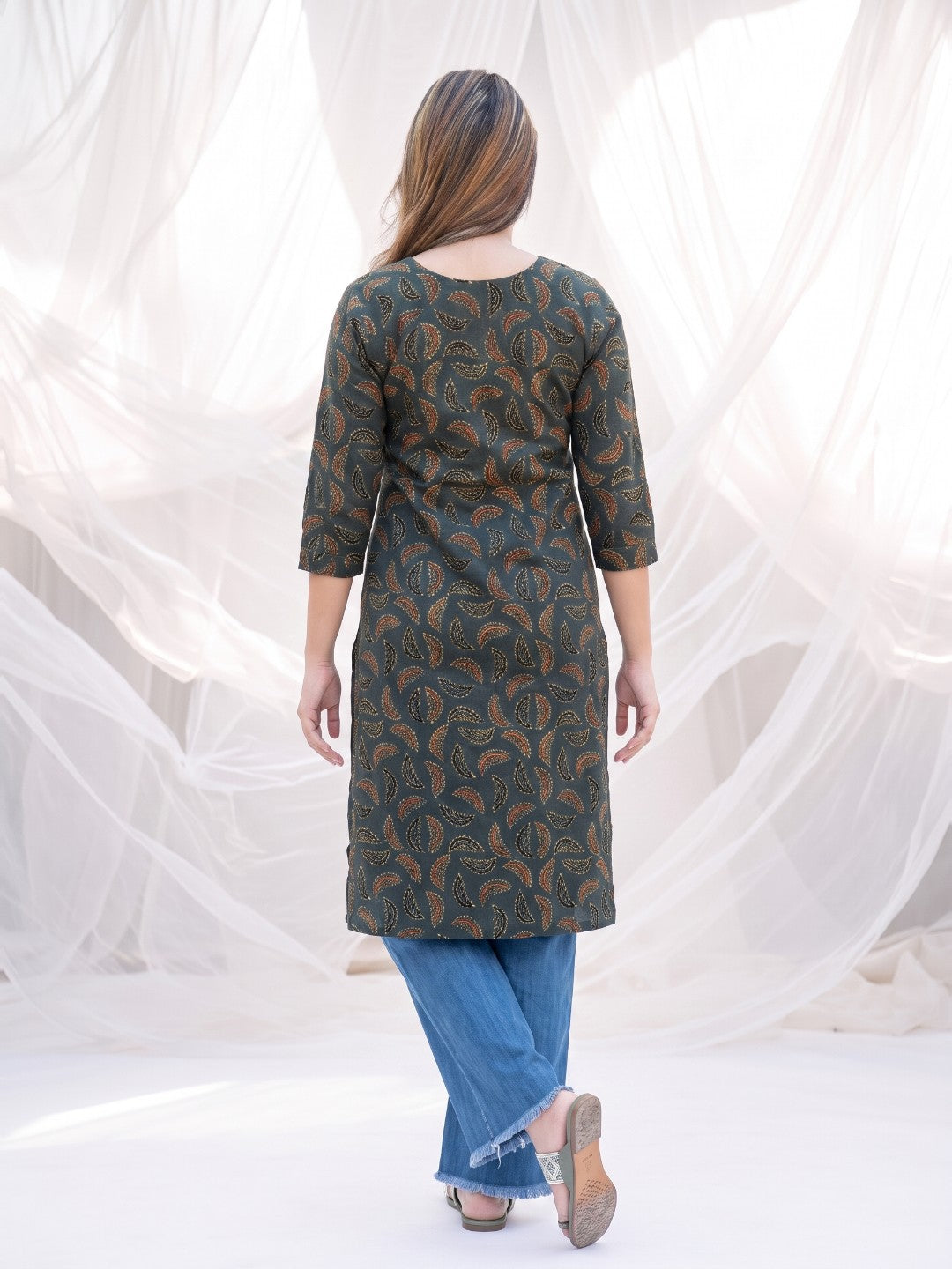 The Paruthee | Green Ajrakh Cotton Kurti The Essence
