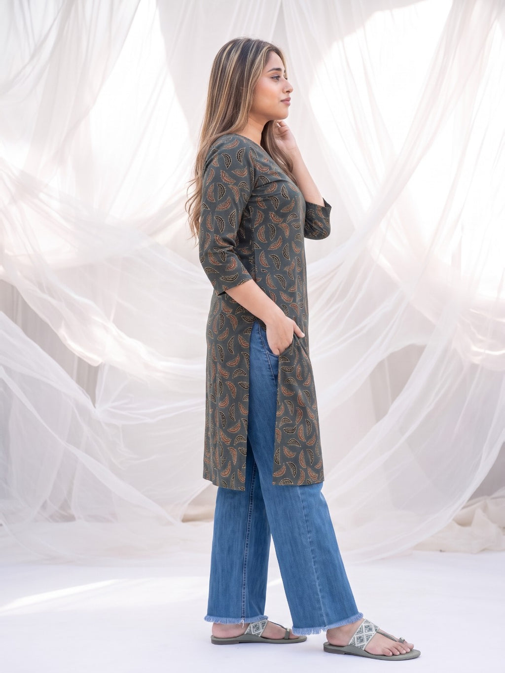 The Paruthee | Green Ajrakh Cotton Kurti The Essence