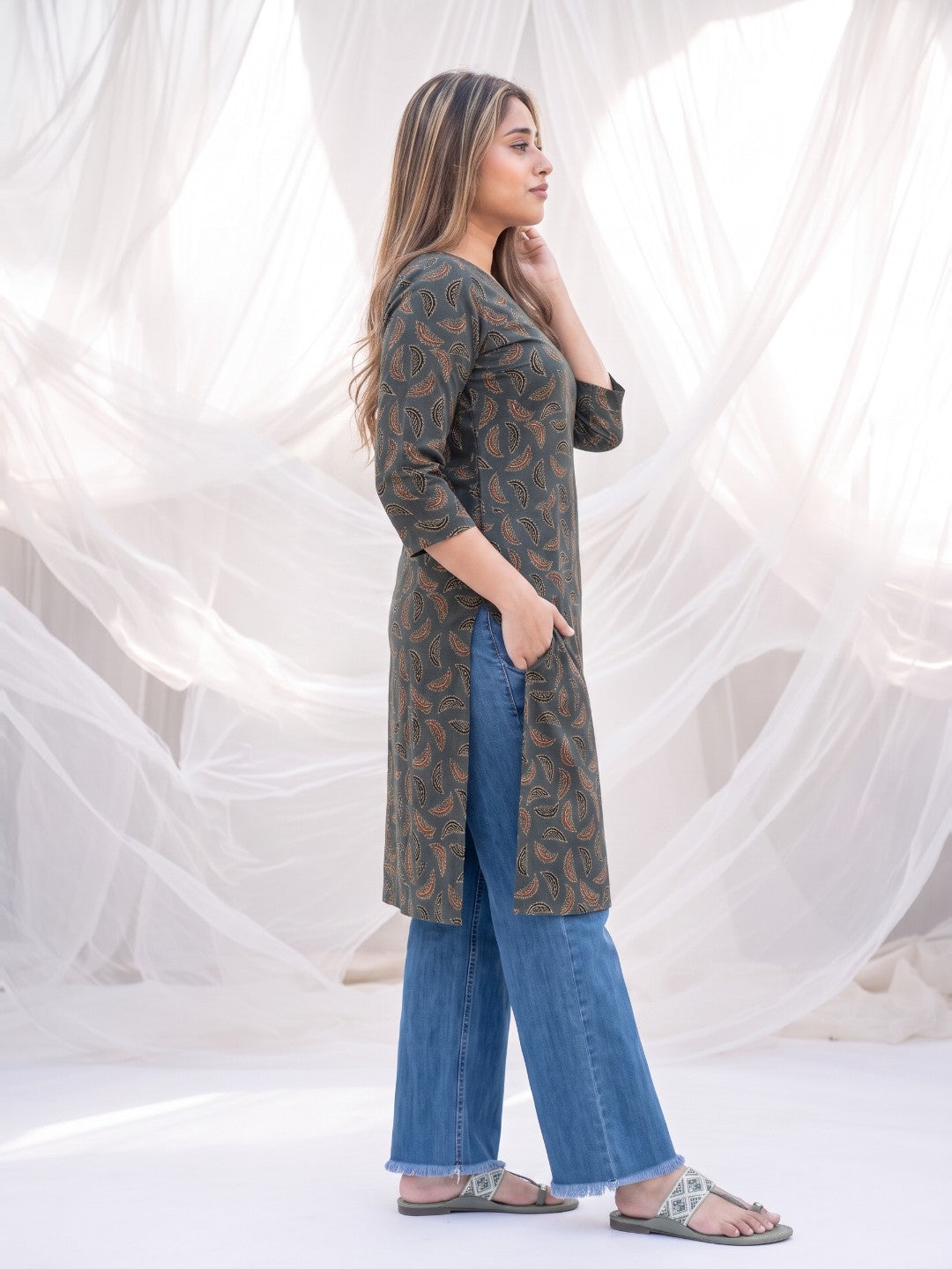 The Paruthee | Green Ajrakh Cotton Kurti The Essence